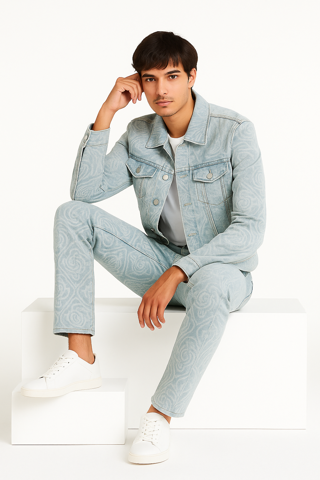Bleached Classic Casablanca Monogram Jacket + Jacquard Denim/ 2 pieces